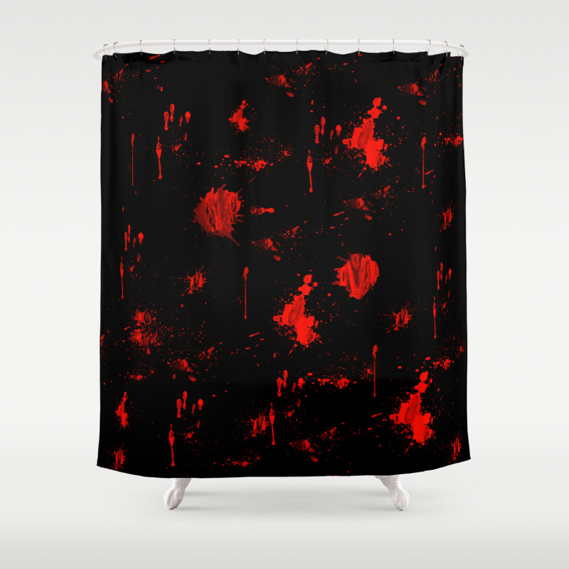 Red Paint Blood Splatter On Black Shower Curtain By