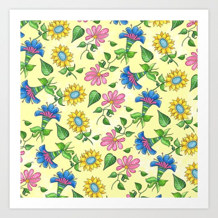 Three Flowers Pattern Yellow Art Print