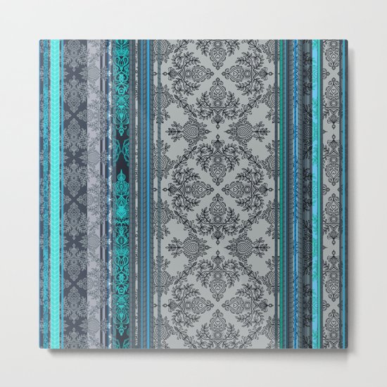 Teal, Aqua & Grey Vintage Bohemian Wallpaper Stripes Metal Print