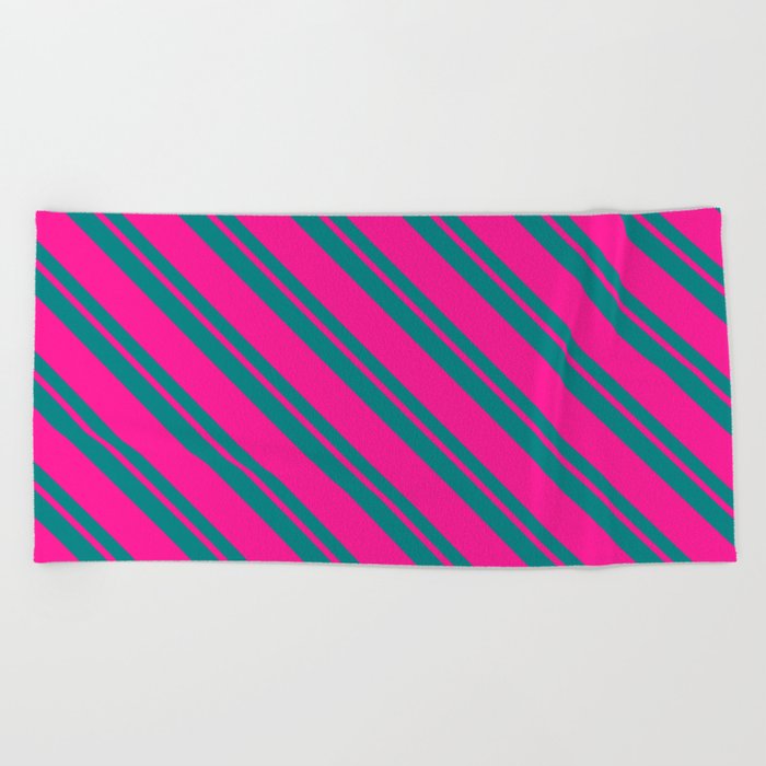Deep Pink & Teal Colored Lined/Striped Pattern Beach Towel