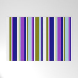 [ Thumbnail: Eyecatching Green, Light Blue, Dark Orchid, Dark Blue, and White Colored Lined/Striped Pattern Welcome Mat ]