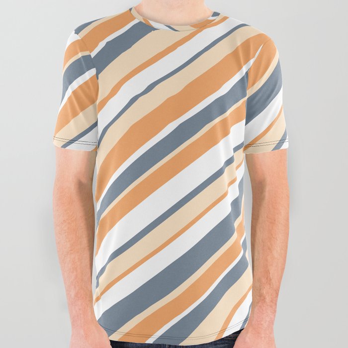Slate Gray, Bisque, Brown & White Colored Stripes/Lines Pattern All Over Graphic Tee