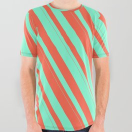 [ Thumbnail: Red & Aquamarine Colored Stripes Pattern All Over Graphic Tee ]