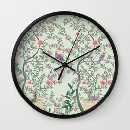 Chinoiserie Mint Green Pastel Fresco Floral Garden Birds Oriental Botanical Wall Clock