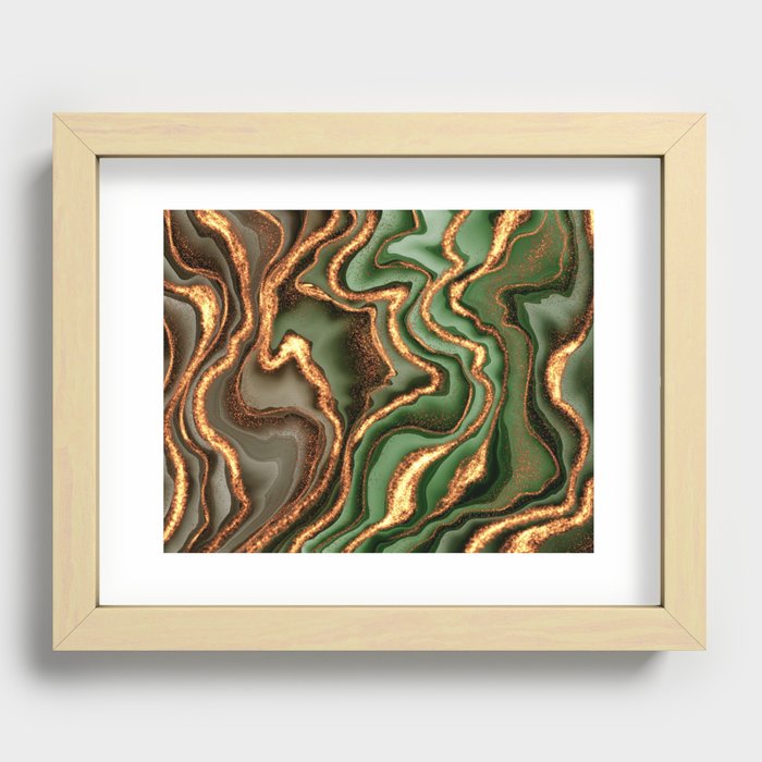 Green and brown alcohol ink with gold, mixed with acrylic paints. Modern fluid art. Paint marble texture, drawn texture Recessed Framed Print
