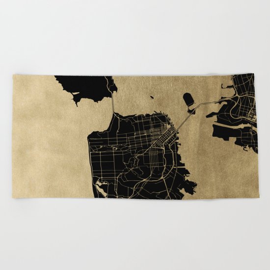 San Francisco California Black and Gold Map Beach Towel