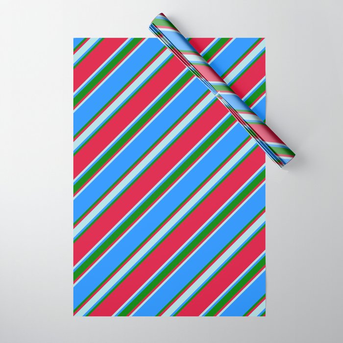Crimson, Powder Blue, Blue & Green Colored Pattern of Stripes Wrapping Paper