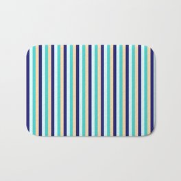 [ Thumbnail: Turquoise, Light Cyan, Midnight Blue, and Tan Colored Stripes/Lines Pattern Bath Mat ]