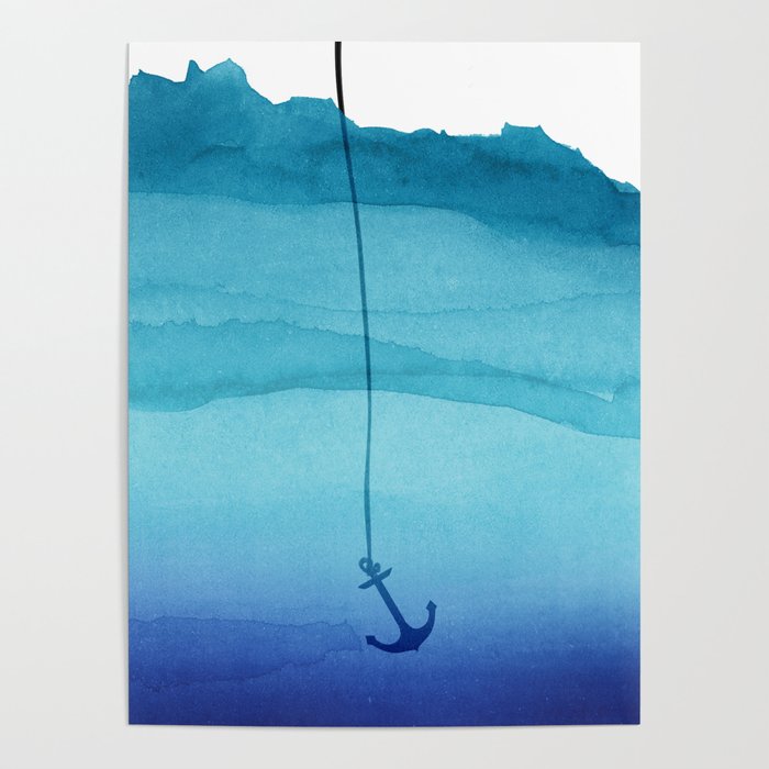 Cute Sinking Anchor in Sea Blue Watercolor Poster