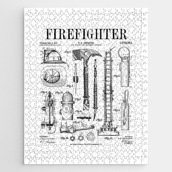Firefighter Fire Department Fireman Vintage Patent Print Jigsaw Puzzle