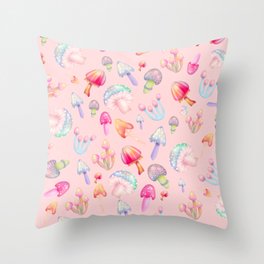 psychedelic magic mushrooms watercolor pattern on pastel pink Throw Pillow