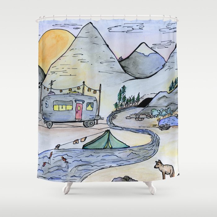 Vintage camping van in the mountains under a full moon- Illustration Shower Curtain
