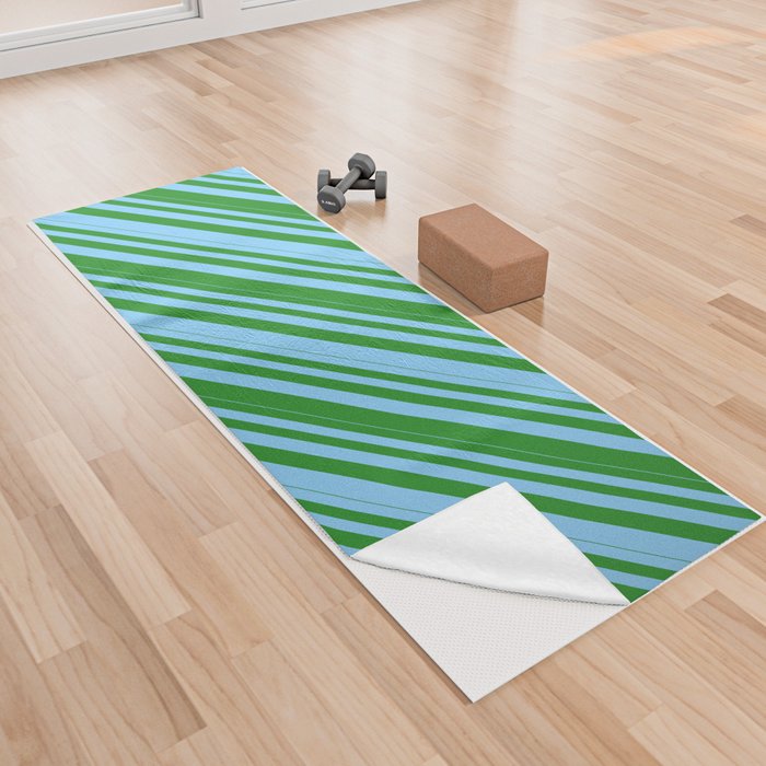 Light Sky Blue and Forest Green Colored Lines/Stripes Pattern Yoga Towel