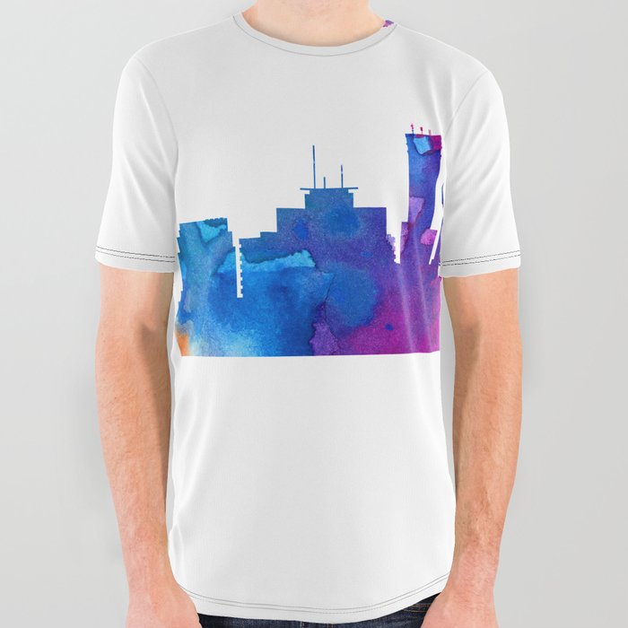 Indianapolis Skyline Watercolor Blue Orange Pink Purple Green Cityscape Indianapolis Indiana US All Over Graphic Tee