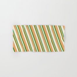 [ Thumbnail: Beige, Sea Green, Brown, and Forest Green Colored Striped/Lined Pattern Hand & Bath Towel ]