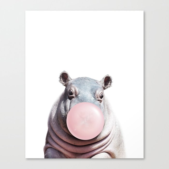 Baby Hippo Blowing Bubble Gum, Pink Nursery, Baby Animals Art Print by Synplus Canvas Print