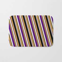 [ Thumbnail: Goldenrod, Indigo, Beige & Black Colored Pattern of Stripes Bath Mat ]