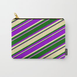 [ Thumbnail: Pale Goldenrod, Dark Green & Dark Violet Colored Lined Pattern Carry-All Pouch ]