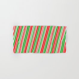 [ Thumbnail: Christmas Inspired Red, White, and Green Colored Lined/Striped Pattern Hand & Bath Towel ]