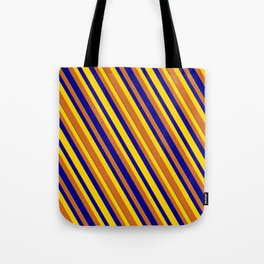 [ Thumbnail: Dark Blue, Yellow, and Chocolate Colored Striped/Lined Pattern Tote Bag ]