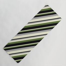 [ Thumbnail: Dark Grey, Beige, Dark Olive Green, and Black Colored Striped/Lined Pattern Yoga Mat ]