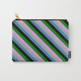 [ Thumbnail: Vibrant Plum, Dark Grey, Blue, Black & Green Colored Stripes Pattern Carry-All Pouch ]