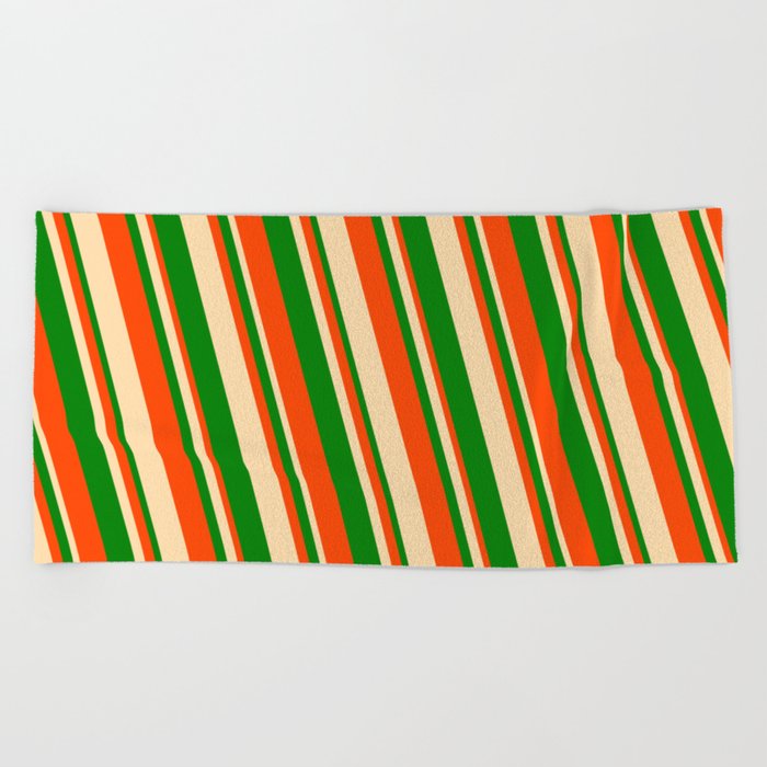 Red, Tan, and Green Colored Striped Pattern Beach Towel