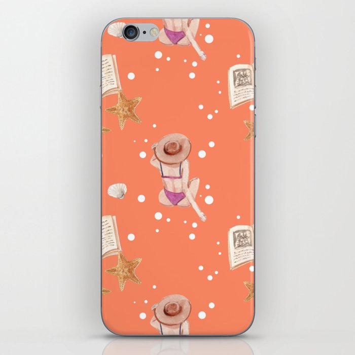 Vacation Watercolor Lady and Book on Melon Orange iPhone Skin