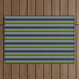 [ Thumbnail: Midnight Blue, Grey & Green Colored Lines/Stripes Pattern Outdoor Rug ]