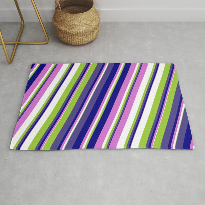 Colorful Green, Dark Slate Blue, Blue, Orchid, and White Colored Stripes Pattern Rug