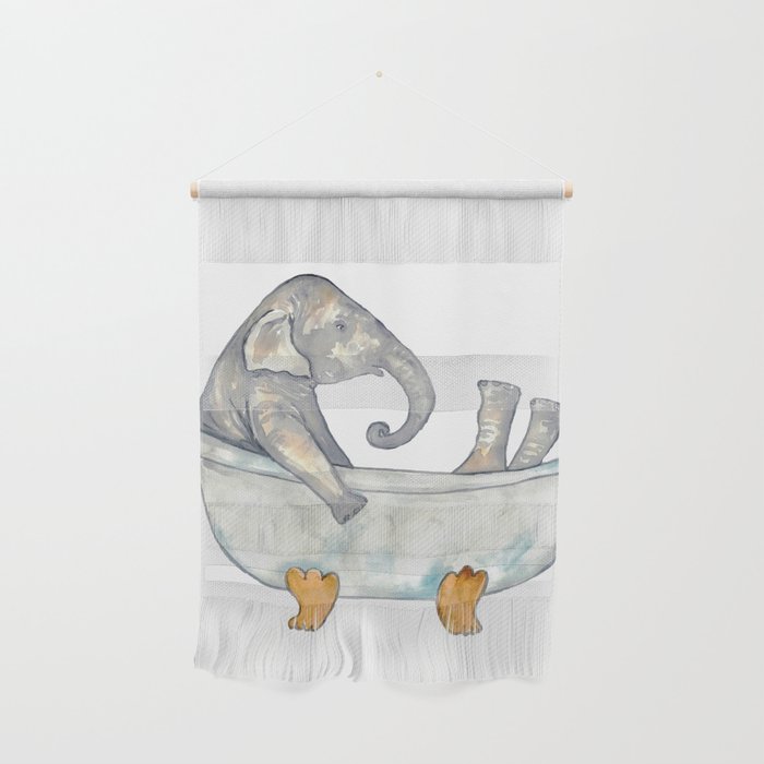Elephant taking bath watercolor Wall Hanging
