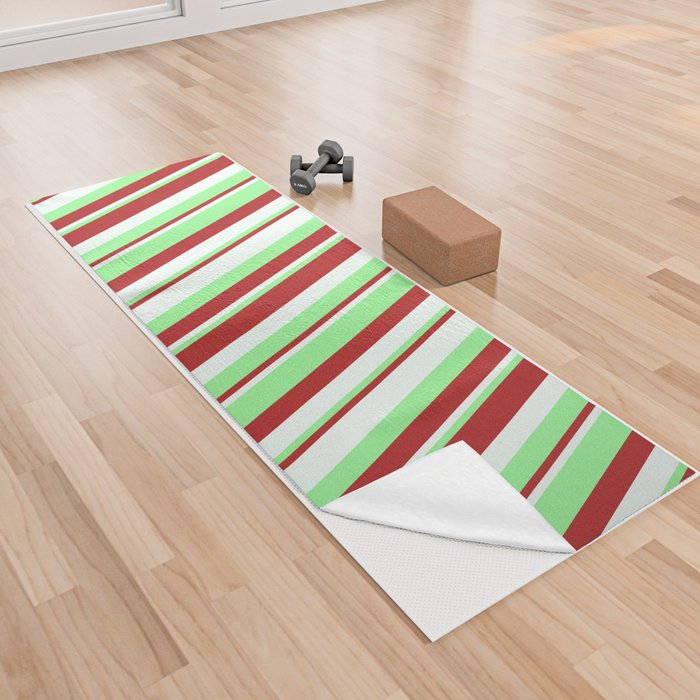 Mint Cream, Red & Green Colored Lined Pattern Yoga Towel