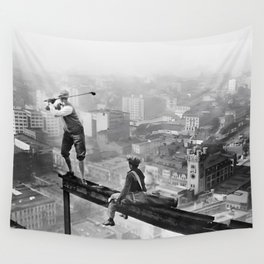 Tough Par Four - Golf Game at 1000 feet black and white photograph Wall Tapestry