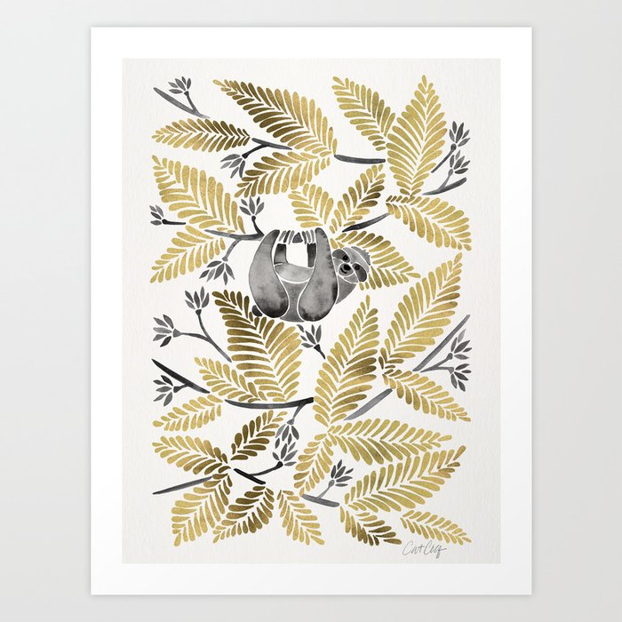 Happy Sloth – Tropical Gold Leaves Art Print
