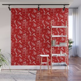 Red and White Christmas Snowman Doodle Pattern Wall Mural