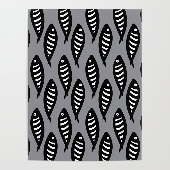 Abstract black and white fish pattern Pale blue Poster