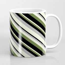 [ Thumbnail: Dark Grey, Beige, Dark Olive Green, and Black Colored Striped/Lined Pattern Coffee Mug ]