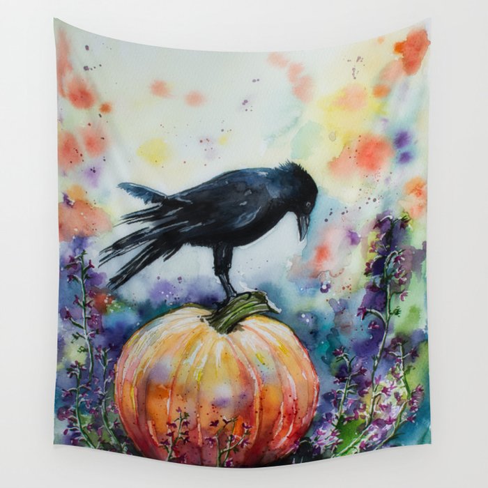 Pumpkin &  Crow Watercolour Painting Wall Tapestry