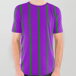 [ Thumbnail: Dark Violet and Green Colored Lines Pattern All Over Graphic Tee ]