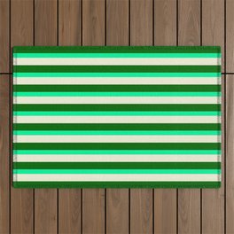 [ Thumbnail: Beige, Dark Green & Green Colored Pattern of Stripes Outdoor Rug ]