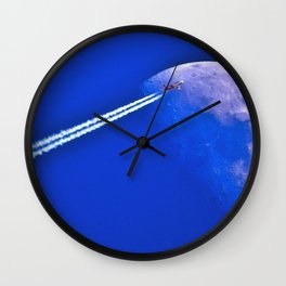 Mesmerizing Beautiful Jet Contrails Full Moon Deep Blue Sky Wall Clock