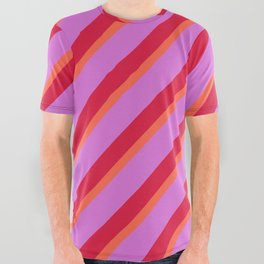 [ Thumbnail: Red, Orchid & Crimson Colored Stripes/Lines Pattern All Over Graphic Tee ]