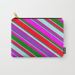 [ Thumbnail: Eyecatching Fuchsia, Red, Dark Orchid, Green & Turquoise Colored Lined Pattern Carry-All Pouch ]