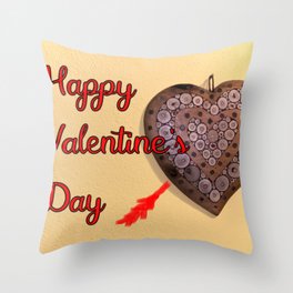 heart of wood inarsiated with the inscription Happy Valentine's Day  Throw Pillow