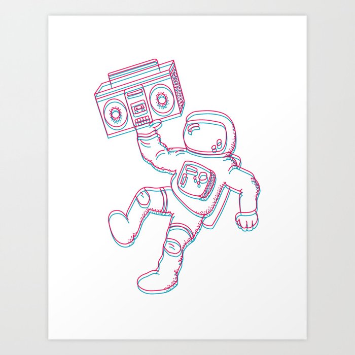 3D Trippy Astronaut and Boombox (White) Art Print