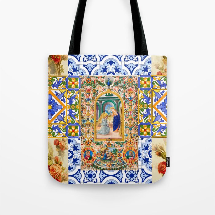 Italian,Sicilian art,holy Mary,Virgin Mary,maiolica,tiles,vintage roses  Tote Bag