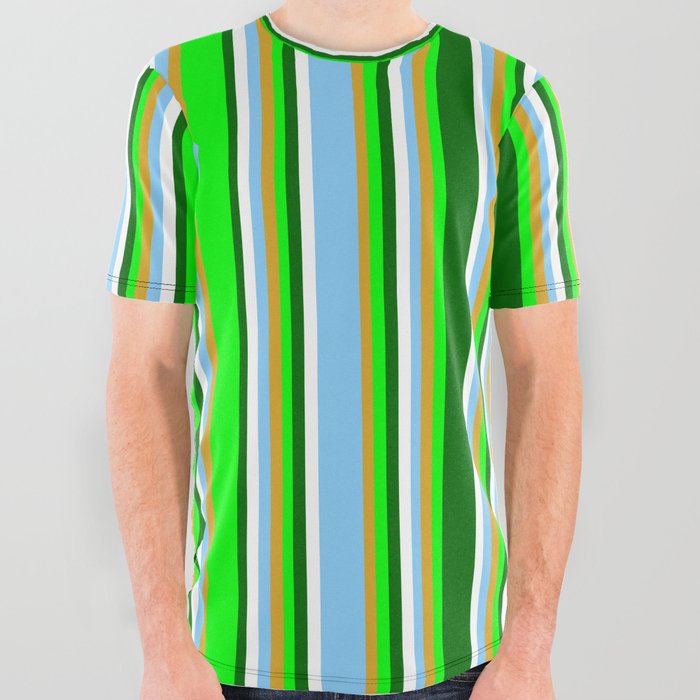 Eyecatching Lime, Goldenrod, Light Sky Blue, White, and Dark Green Colored Pattern of Stripes All Over Graphic Tee