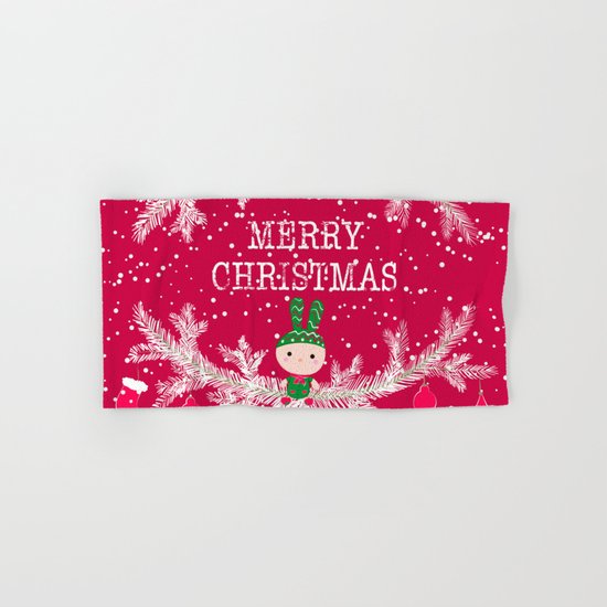 Merry christmas and happy new year greeting card wreath with cute toy bunny background Hand & Bath Towel