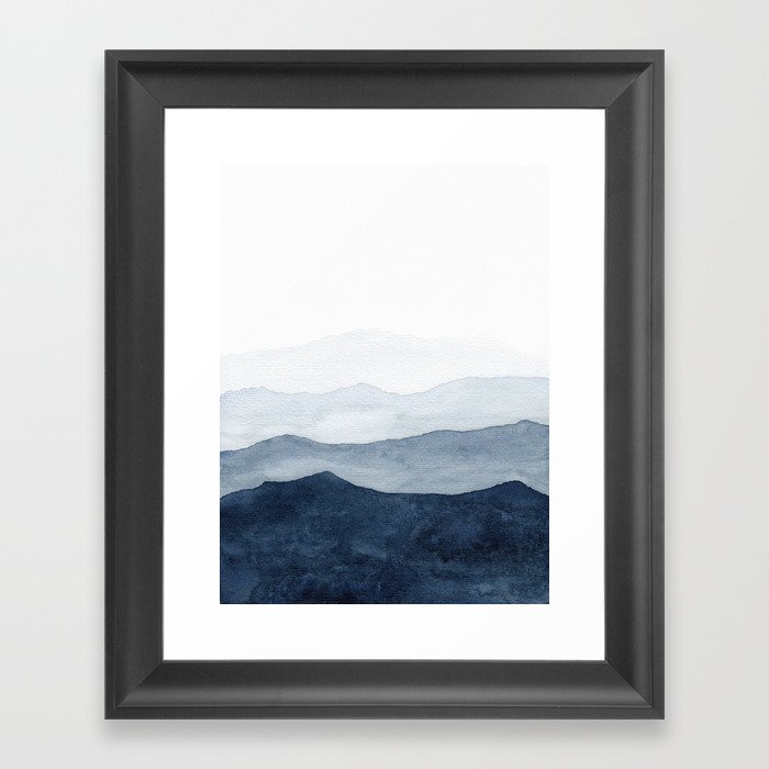 Indigo Abstract Watercolor Mountains Framed Art Print