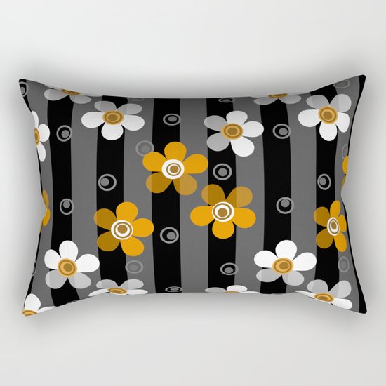 Black and yellow floral pattern on a striped background . Rectangular Pillow